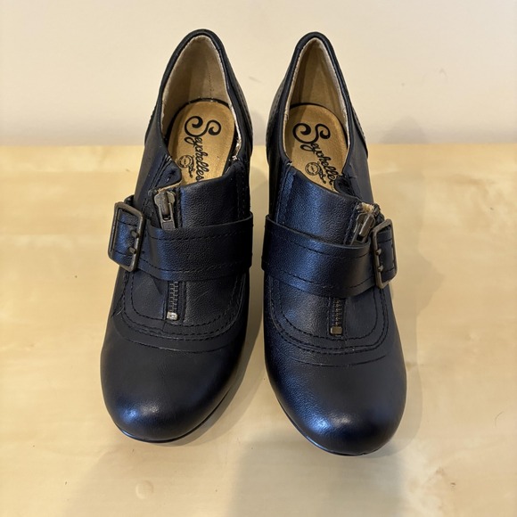 Seychelles Shoes Womens Size 8.5 Black Leather Buckle Heels Zip Bootie Retro - Picture 2 of 7